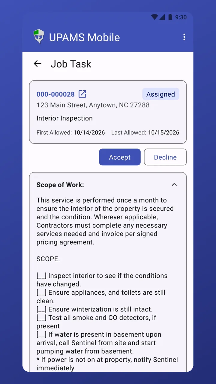 Job task with Accept and Decline buttons and the scope of work