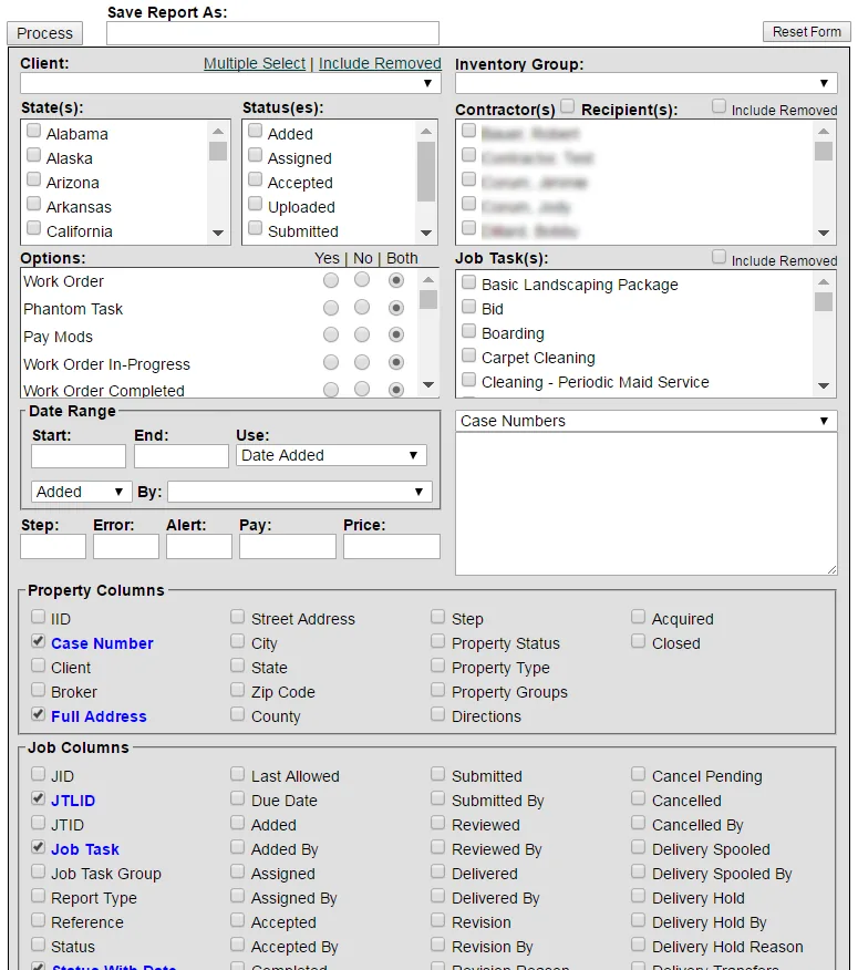 Custom job report builder with filter options