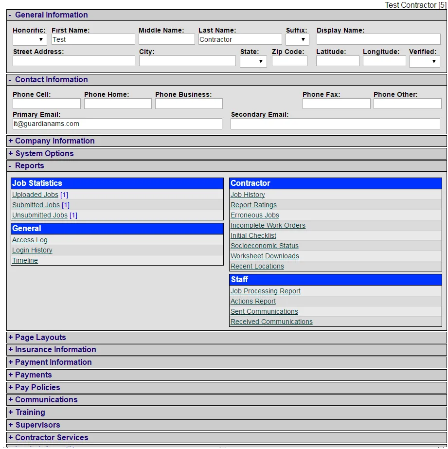 Contractor details with insurance and service area information